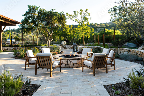 A patio with a fire pit and a stone wall