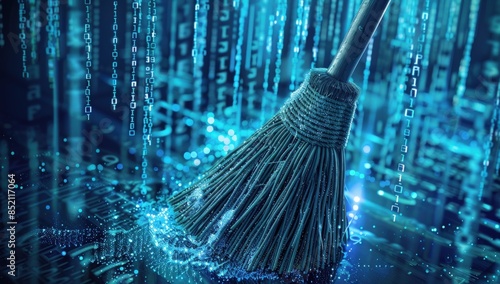 A broom is floating in a blue background with a lot of numbers.