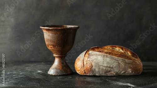 A clay chalice and a loaf of bread rest elegantly against a sleek black backdrop leaving ample space for additional content