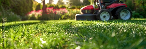 freshly mowed lawn with healthy green grass and red riding lawnmower 