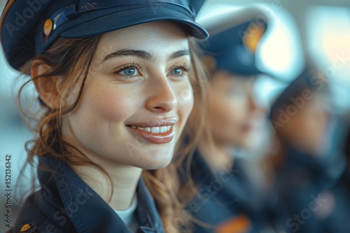 Smiling Woman in Blue Uniform Hat
