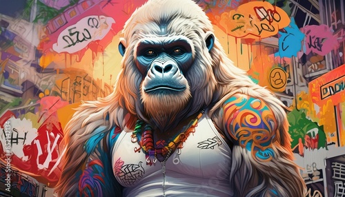 A pop art painting shows a gorilla with cartoon tattoos on its body and face, surrounded by street art tags in orange, dark green and pink.