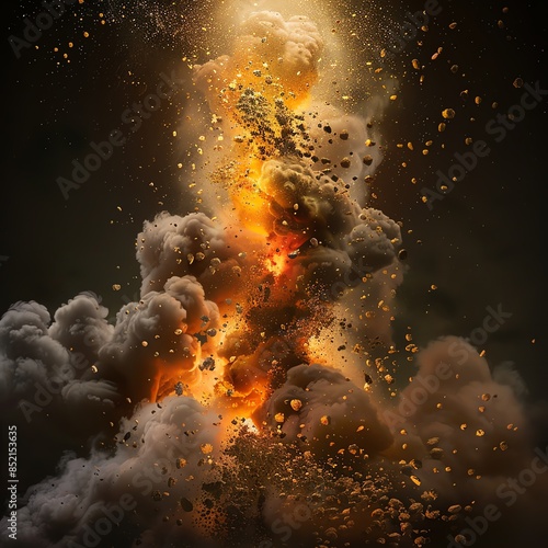 The photo shows a large explosion with a bright flash of light, smoke, and debris.