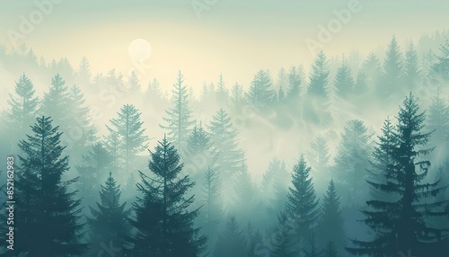 misty fir forest landscape in vintage retro style nostalgic nature scene illustration