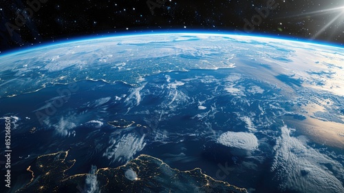 A captivating 3D rendering captures the breathtaking view of planet Earth from space showcasing visible clouds drifting above continents and oceans This stunning image includes elements prov