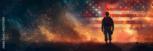 Veterans Day Background with USA Flag, Soldier, and Fireworks, Copy Space for Banner