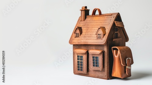 Miniature brown house model in backpack on white background real estate investment concept empty space separate