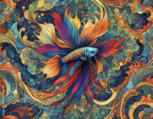 A doodle style drawing of a colorful betta fish with elaborate fins.