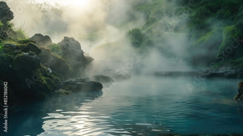 Ideal Environment for Peaceful Solitude Created by Morning Mist Above Volcanic Mineral Springs