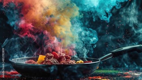 Colorful smoke rising from frying pan with meat and vegetables