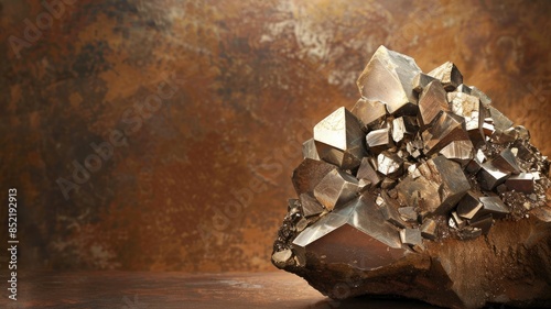 Cluster of metallic pyrite crystals on textured background