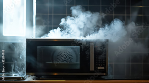 dramatic image of a malfunctioning microwave with smoke escaping into the room