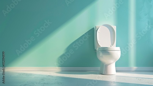 Toilet bowl near light blue wall