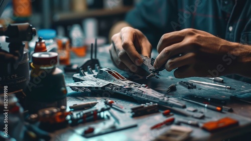 Caucasian male assembling detailed model spaceship on cluttered workbench Various tools and paints are scattered around