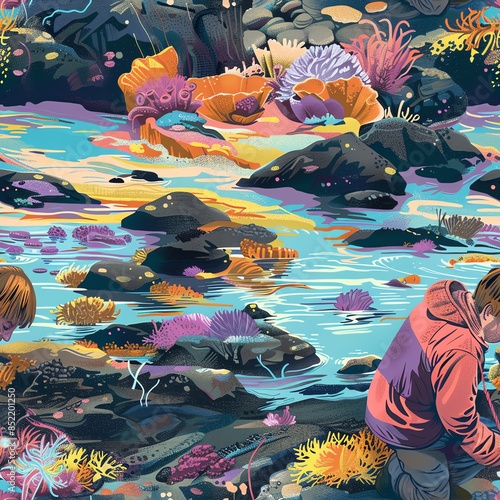 A biologist collecting samples from vibrant tide pools, studying the adaptive behaviors of creatures to fluctuating environments, highlighting research and conservation efforts