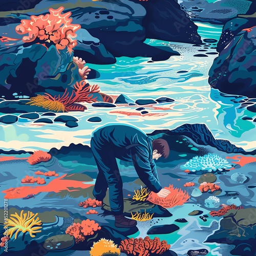 A biologist collecting samples from vibrant tide pools, studying the adaptive behaviors of creatures to fluctuating environments, highlighting research and conservation efforts