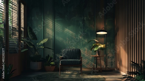 Living room interior has an green armchair on empty dark green wall background. Minimalist interior
