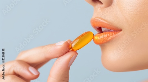 Woman holding omega 3 fish oil capsule