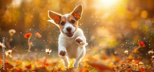 Playful jack russell terrier puppy running in autumn leaves on a sunny day