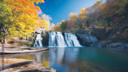 Scenic view of Upper Catabwa Falls in autumn colorful flowers, Hiking in Western North Carolina with Cascading Waterfall Landscape rewards, Beautiful Waterfall Landscape Photography in autumn