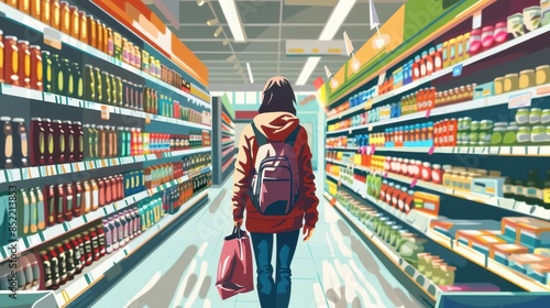 focused person shopping in supermarket aisle consumerism and everyday life digital illustration