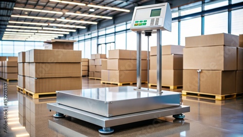 Industrial weighing scale with digital display sits atop a stainless steel counter in a warehouse, surrounded by cardboard boxes and crates, awaiting product measurement.