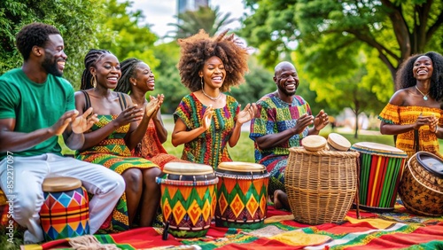 Vibrant colors of african textiles, traditional drums, and delicious soul food adorn a festive outdoor setting, celebrating freedom and heritage on juneteenth day.