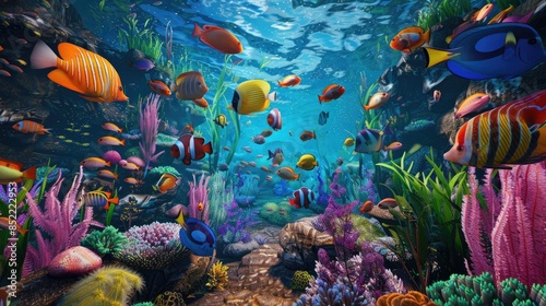 A vibrant 3D illustration showcasing a bustling underwater world filled with colorful tropical fish among the coral reef