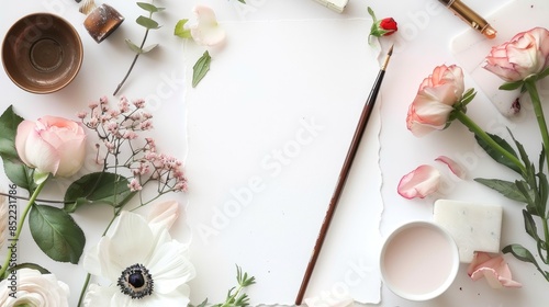 Calligrapher blogger s workspace flat lay with paper pen pencils watercolors and flowers on white background