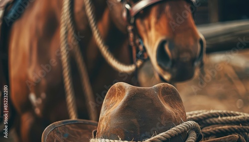 rustic rural background with closeup of cowboy hat and rope blurred horse in background western lifestyle concept