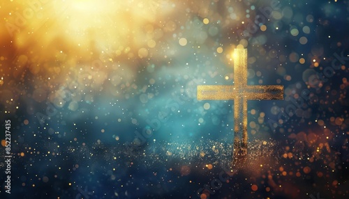 serene christian cross religious symbol of faith glowing on ethereal gold and blue background