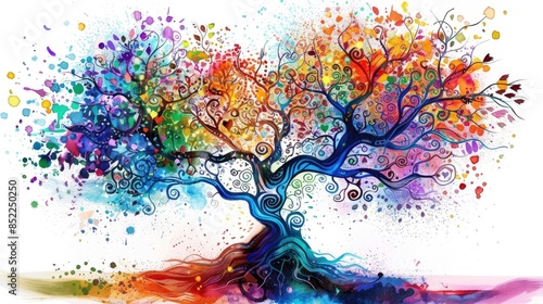 A vibrant Celtic tree of life illustration adorned with spirals and a burst of colors stands out against a pure white background