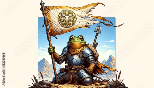 A detailed and well-focused image of a frog warrior holding a battle banner high, with an emblem that represents its tribe or clan.