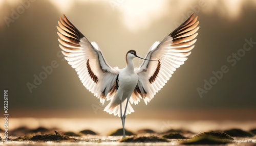 An avocet standing tall with its wings fully extended, showcasing the intricate feather patterns.