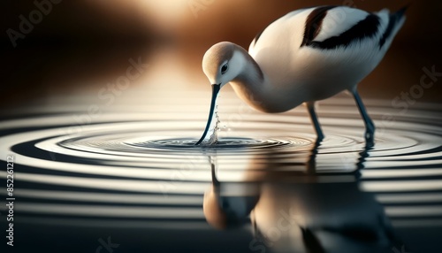 A close-up of an avocet dipping its beak into the water, creating ripples around it.