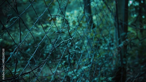 Deserted wire fence with barbs in the forest