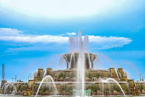 Chicago Buckingham fountain in Grant Park in the morning with cloud and blue sky.