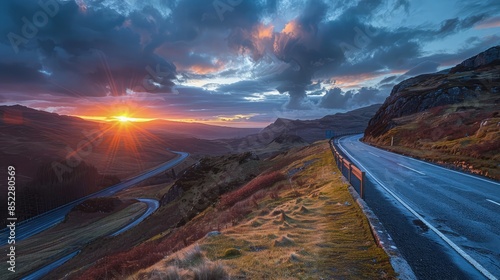 Sunrise over highway at Bealach na Ba in Scotland