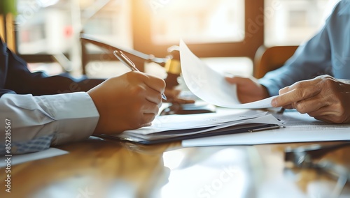 Lawyer writing on legal pad with client looking over document in law office