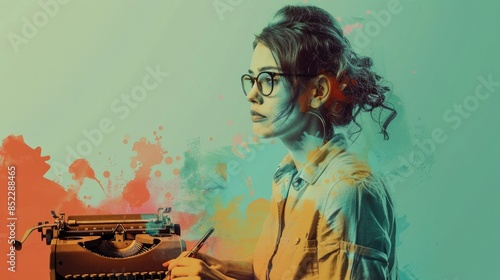 A woman wearing glasses is sitting at a typewriter, writing a story. AIGZ01