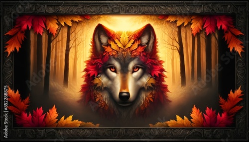 A detailed image of a wolf, its fur composed of autumn leaves ranging from deep reds to golden yellows.