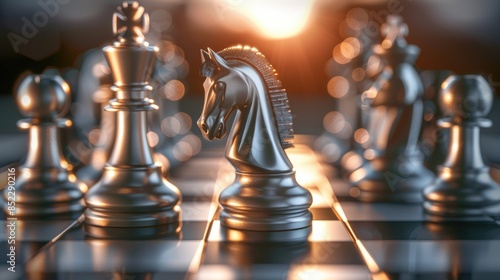 Chess piece on chessboard, competition success and strategy game play