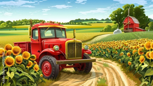 Illustrated image of a vibrant vintage red truck on a dirt road with sunflowers and a barn Ideal for rural lifestyle themes