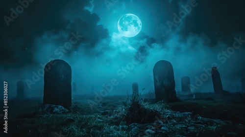 A chilling scene of a graveyard with tombstones under the light of a full moon, enveloped in a creepy blue nighttime fog