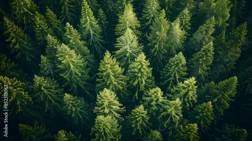 Aerial view of a forest, with tall trees in the foreground and background, seen from above. The scene is bathed in soft natural light.