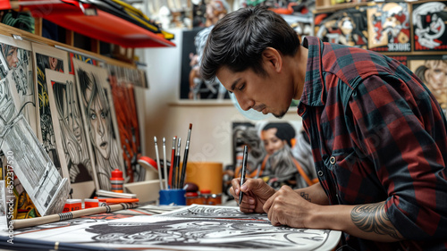 Comic book artist drawing on Bristol board in his studio his next sequential art 