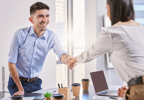 Business people, handshake and meeting for accounting deal, investment or contract agreement at office. Broker, accountant or clients shaking hands for negotiation success, welcome or introduction