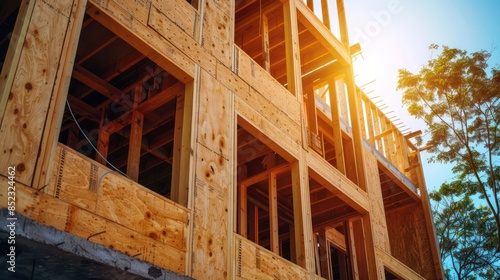 wooden framework of a building in mid-construction under a clear blue sky with sun flare