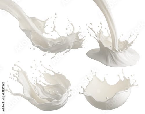 Set of Milk splash and pouring 3d illustration.