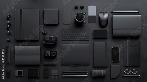 A diverse collection of black technological gadgets and accessories arranged neatly, showcasing a modern, monochromatic theme..